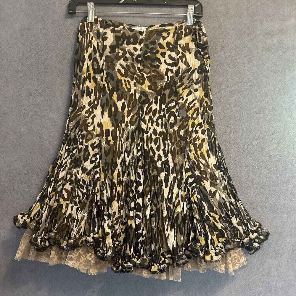 Alberto Makali Midi Skirt Crinkle Animal Print Size 10 Artsy Art to Wear Lace